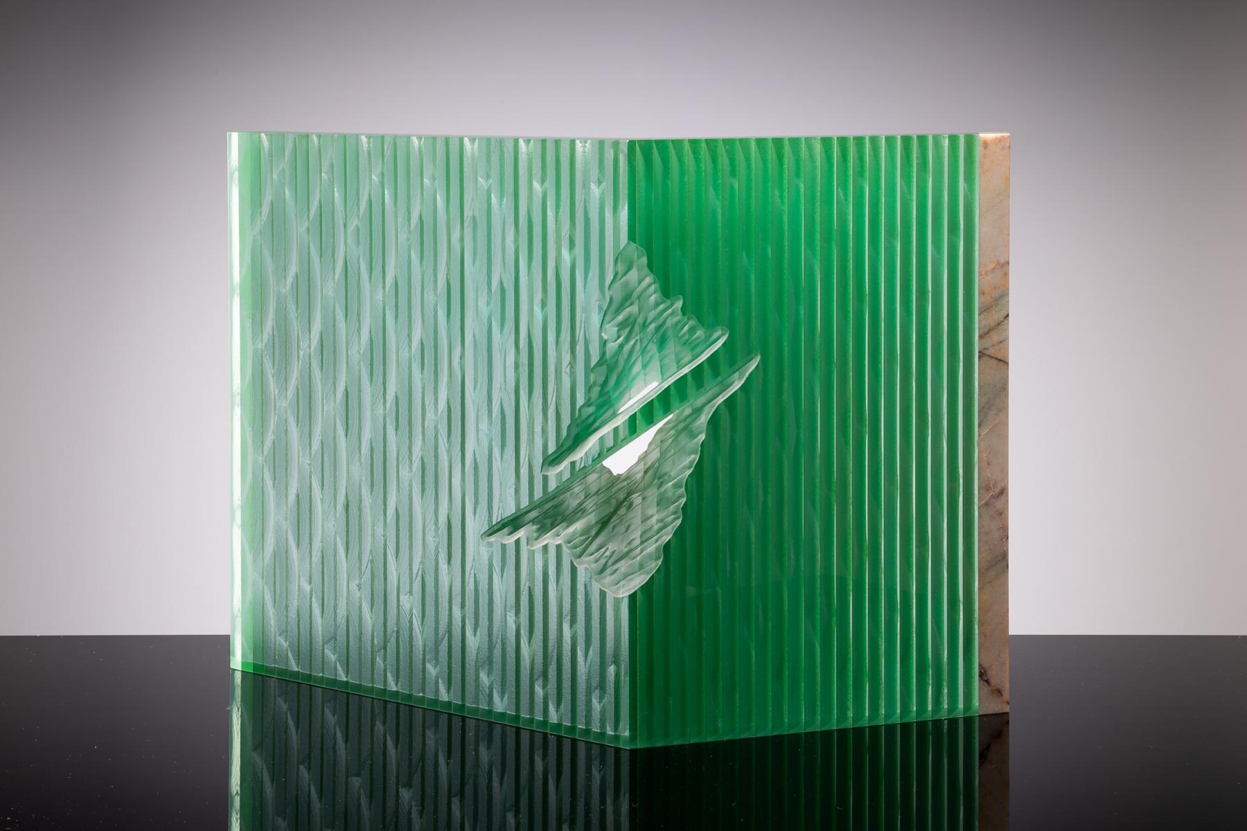 Contemporary glass sculpture by Wesley Neal Rasko exploring erosion, fracture, and geological tension through layered architectural glass compositions